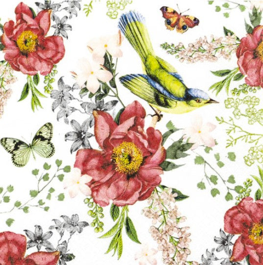 Servet Bird and Roses, servet, napkin, servetten, napkins, Home Fashion, bird, vogel, vogels, roses, rose, roos, bloemen, bloesem, vlinder, decoupage, DIY, scrapbook