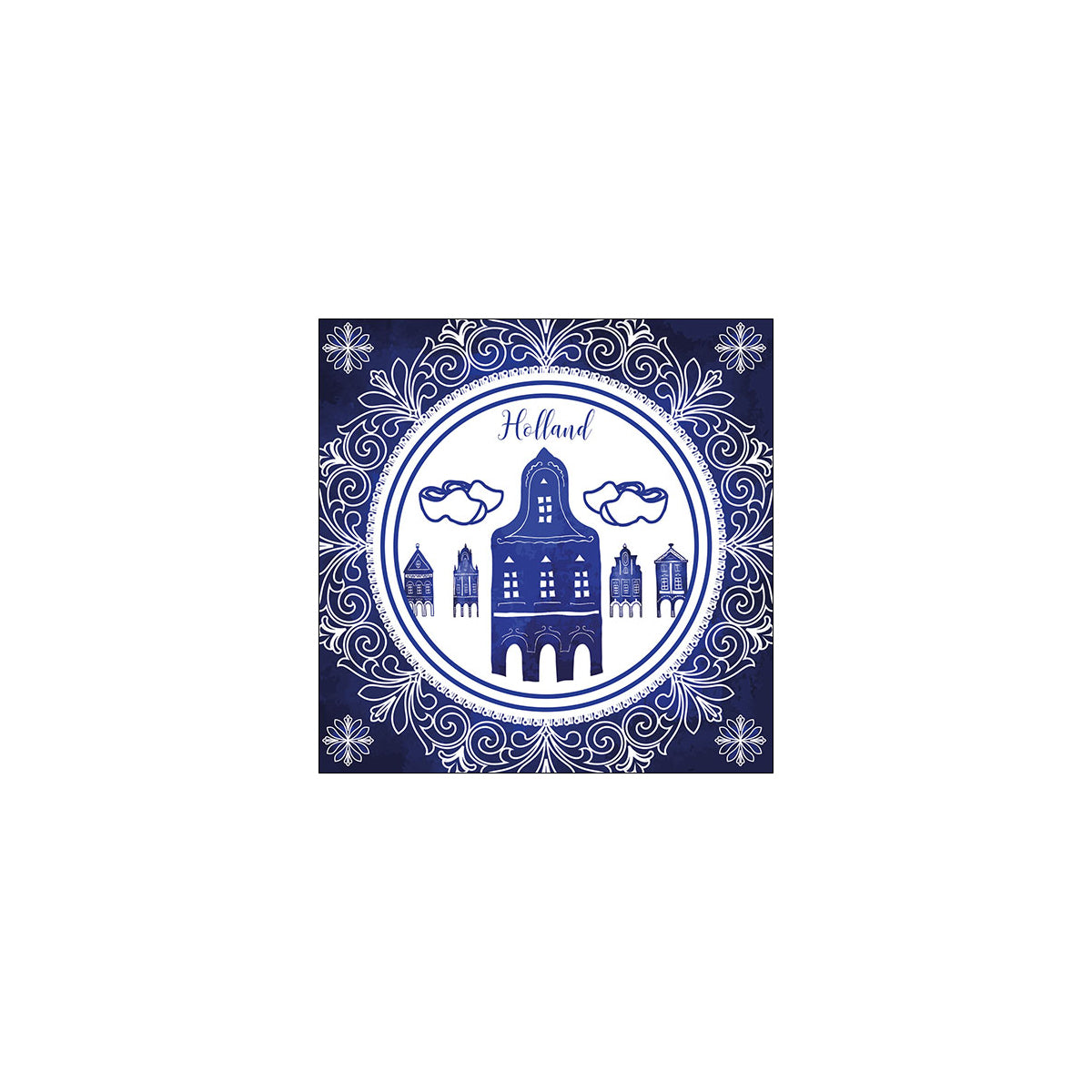 Servet Delfts blauw. Ambiente. Huis, klompen, grachtenpand, Delft, blauw, decoupage, napkin, Nederland