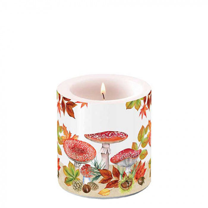 Kaars, candle, Ambiente, paddenstoel, eikels, kastanje, herfstbladeren, herfst, bladeren, fungus, takken, kaarsaansteken, lont, stompkaars, roodmetwittestippen