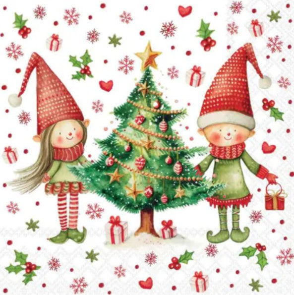 Cocktail servet Elves by the tree/elfjes bij de kerstboom