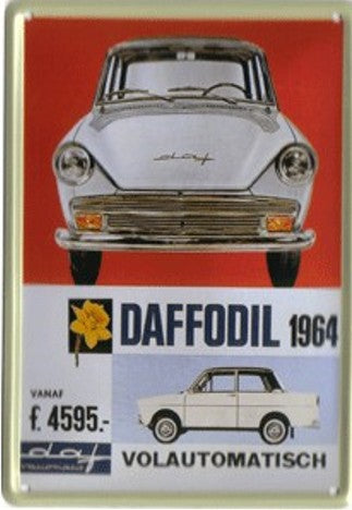 Garage, muurdecoratie, nostalgisch, nostalgie, reclame, reclamebord, blikken bord, metalen bord, Daf, Daffodil, auto, wagen, Dafje, oldtimer