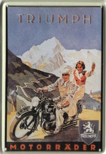 Garage, muurdecoratie, nostalgisch, nostalgie, reclame, reclamebord, blikken bord, metalen bord, Triumph, motorfiets, motor, bike, oldtimer