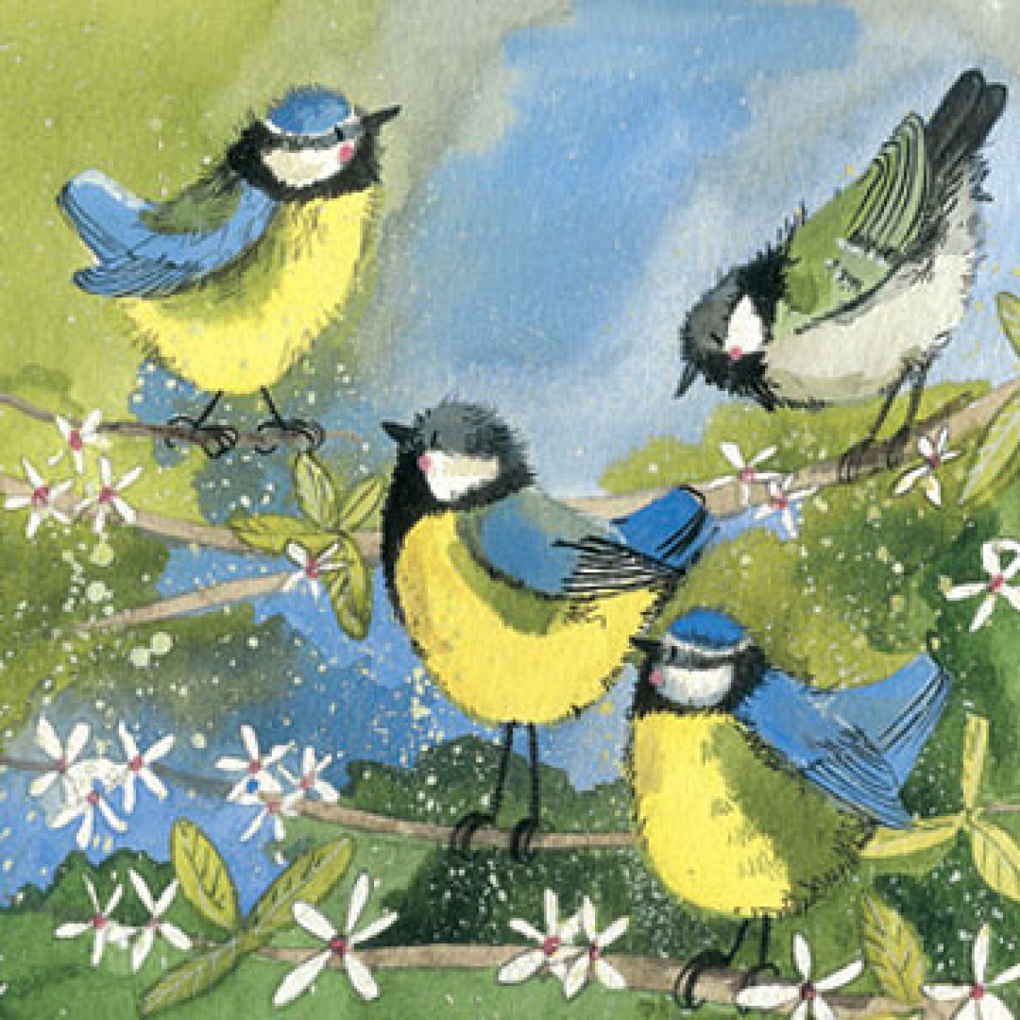 Kaart Great Tits, wenskaart, lange staart, vogel, bird, koolmeesje, koolmees, mees, pimpelmees, kaartje sturen, kaart, kaarten, card, cards, notecard, Alex Clark, felicitatiekaart