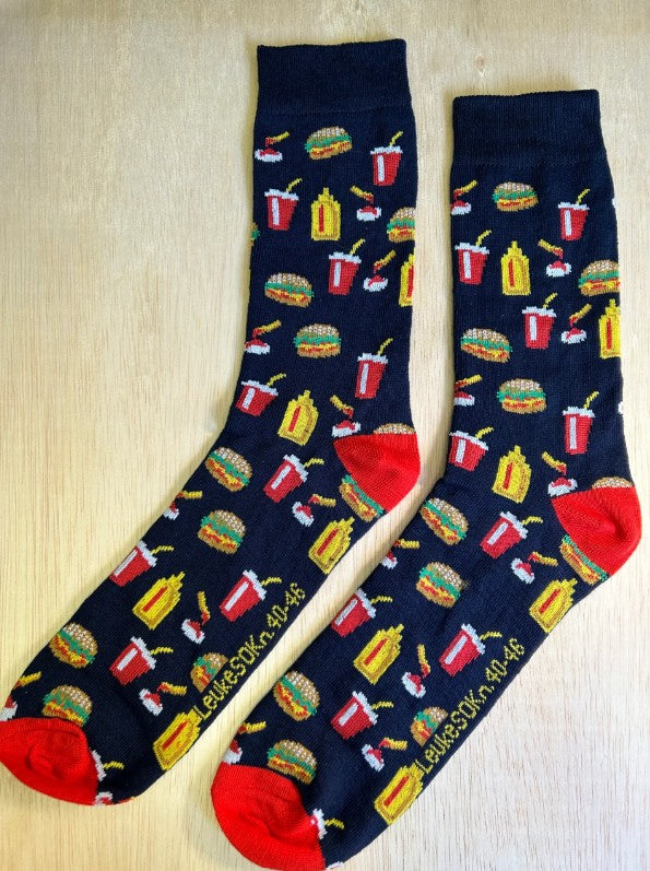 Sokken Fastfood, fastfood, hamburger, milkshake, patat, frites, leuke sokken, sok, grappige sokken