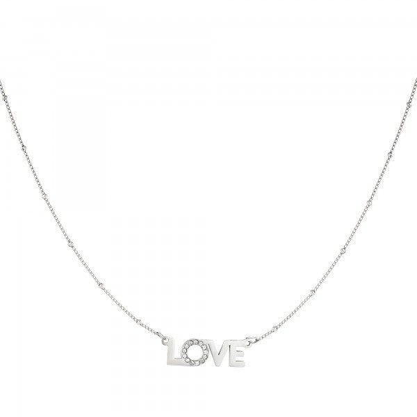 Roestvrijstalen halsketting met het woord 'love' versierd met kleine zirkonia's Kleur: Zilver Materiaal: Stainless Steel Untermaterial: Zirkonium Afmeting: ca. 38cm + 5cm Kleur foto kan iets afwijken van origineel