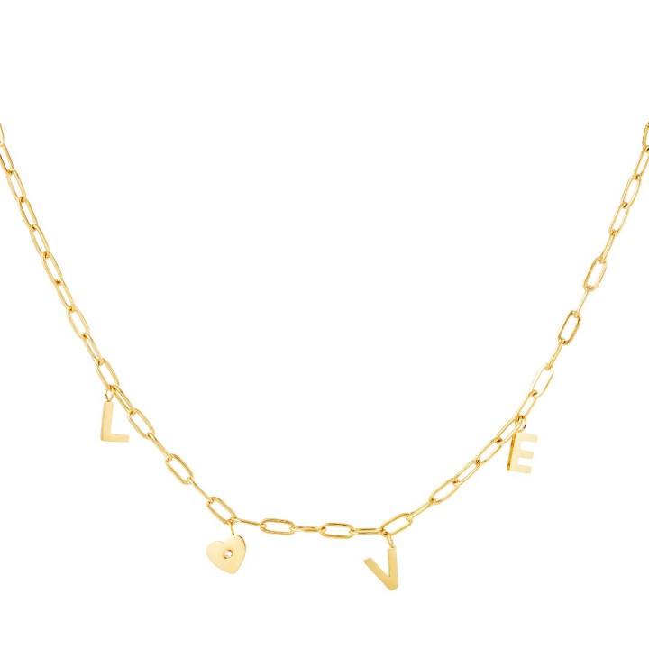 Roestvrijstalen ketting met het woord "Love" en een hartje met een zirkoonsteentje Kleur: goudkleur Afmeting: ca. 39cm + 5cm Materiaal: stainless steel Merk: Yehwang Kleur foto kan iets afwijken van origineel
