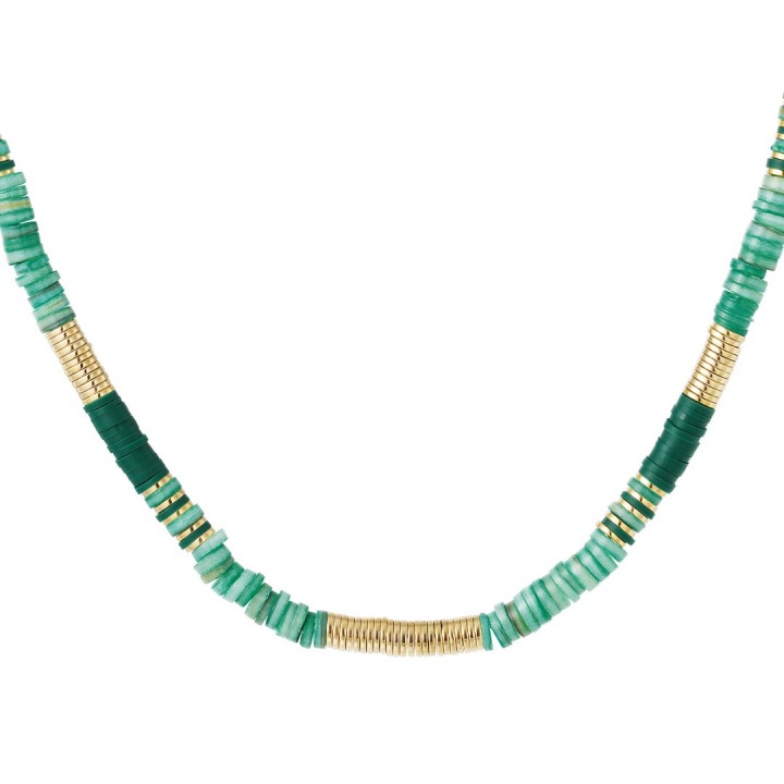 Hoe leuk is deze ketting met verschillende soorten kralen in de kleuren groen en goud De ketting is gemaakt van roestvrij staal, polymeerklei, hematiet en schelp en heeft een afmeting van 39 tot 44 cm Kleur foto kan iets afwijken van origineel
