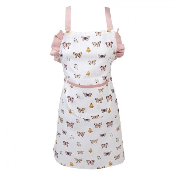 Mooie, decoratieve, kleurrijke keukenschort voor kinderen, met een motief van vlinders, in een romantische stijl Heeft een handig vakje voor losse spulletjes Kleiner formaat; speciaal gemaakt voor kinderen vanaf 3 jaar Houdt de kleding schoon tijdens het knutselen of koken Merk: Clayre & Eef Afmeting: 48x56 cm Materiaal: 100% katoen Kleur foto kan afwijken van origineel