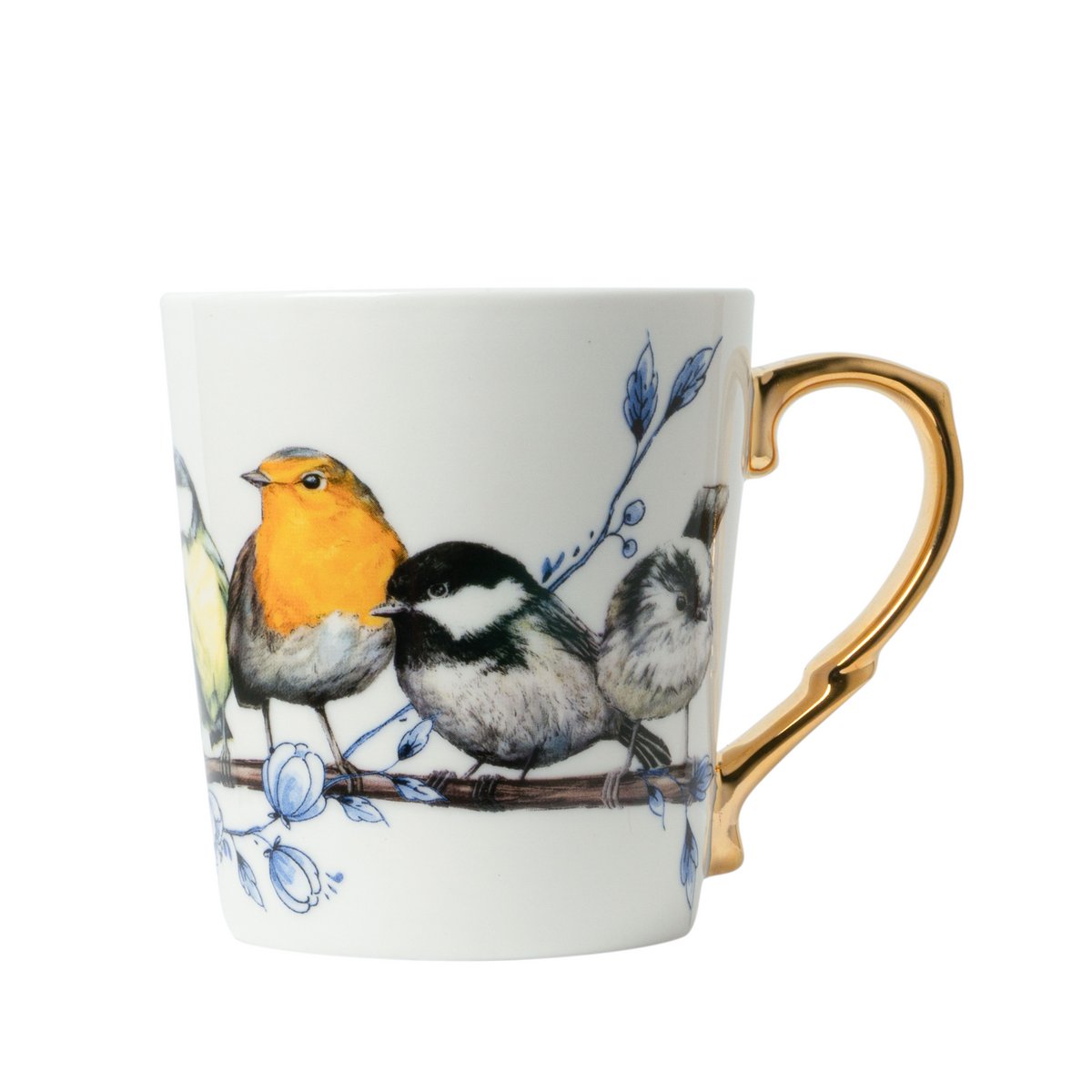 Beker, mok, bosvogels, vogel, bird, goudkleurig oor, Delfts blauw, Heinen Delfts Blauw, Heinen, Van Heinen, Delft, blauwwit, drinken, koffie, thee, servies, Delftsblauw, goud