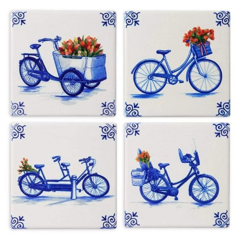 Onderzetters Fiets, onderzetter, glasonderzetter, onderzetters, placemat, fiet, tulpen, tulp, Holland, Nederland, cadeau uit Holland, Delftsblauw, blauw wit, keramiek, kurk, Hollands