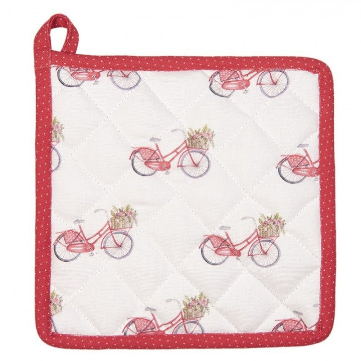 Set van 2 mooie pannenlappen met fiets als motief in landelijke stijl met een romantische uitstraling Voorzien van een handig lusje om op te hangen Kleur van origineel kan iets afwijken van de foto Merk: Merk Clayre & Eef Afmeting: ca. 20x20 cm Materiaal: 100% katoen Geschikt voor de wasmachine
