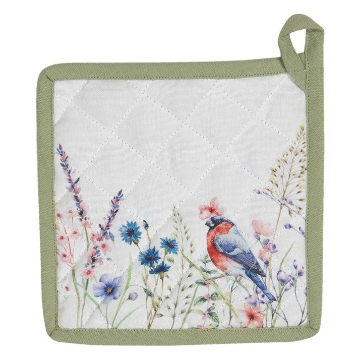 Set van 2 mooie pannenlappen met afbeelding van een mooie vogel in kleuren rood en blauw en gekleurde bloemen. Pannenlap heeft een groene rand. Kleur van origineel kan iets afwijken van de foto. Merk Clayre & Eef Afmeting: ca. 20x20 cm