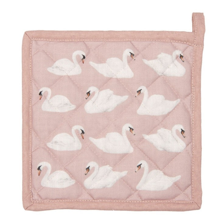 Set van 2 mooie pannenlappen met witte zwanen. Kleur van origineel kan iets afwijken van de foto Merk: Merk Clayre & Eef Afmeting: ca. 20x20 cm Materiaal: 100% katoen