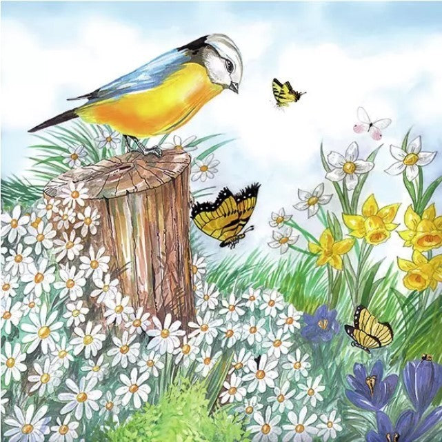 Servet, napkin, cadeau, koolmees, mees, vogel, bird, bloem, flower, bloemen, flowers, servetten, napkins, tafeldekken, tafel dekken, DIY, modpodge, tafeldecoratie, diner, lunch, eten, dinner, scrapbook, scrapbooking