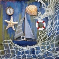 Servet Fishing Harbor, haven, harbor, vissen, vis, phishing, nautische afbeeldingen, Zeemeeuw, vuurtoren, schelpen, zeilboot en reddingsboei, ti-flair, maritiem, meeuw, boei, zeilen, schelp, tafelen, coastal, kust, water, zee, boot, boten, schip, schepen, varen, zomer, strand, vuurtoren, net, visnet, herinnering, memories