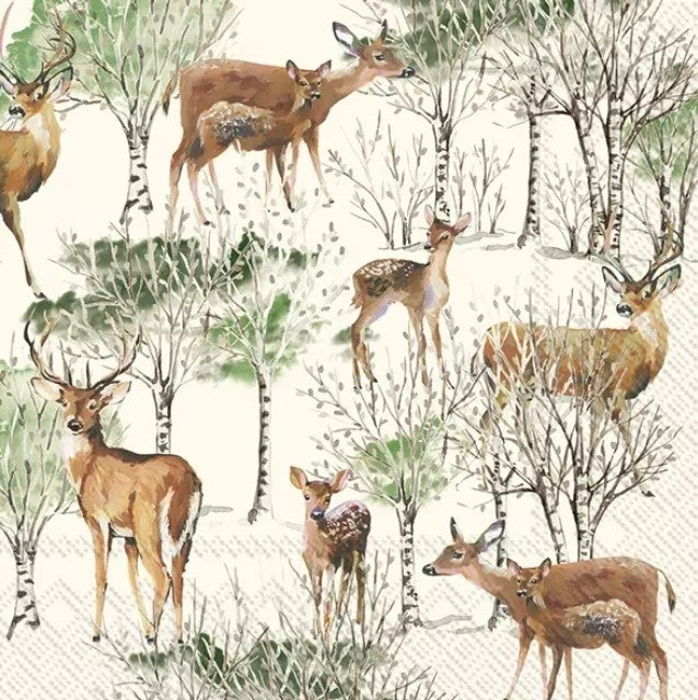 Servet, servet, napkin, rendier, reindeer, hert, gewei, bos, forest, winter, sneeuw, bomen, kerst, decoupage, hobby, plakken, tafelen
