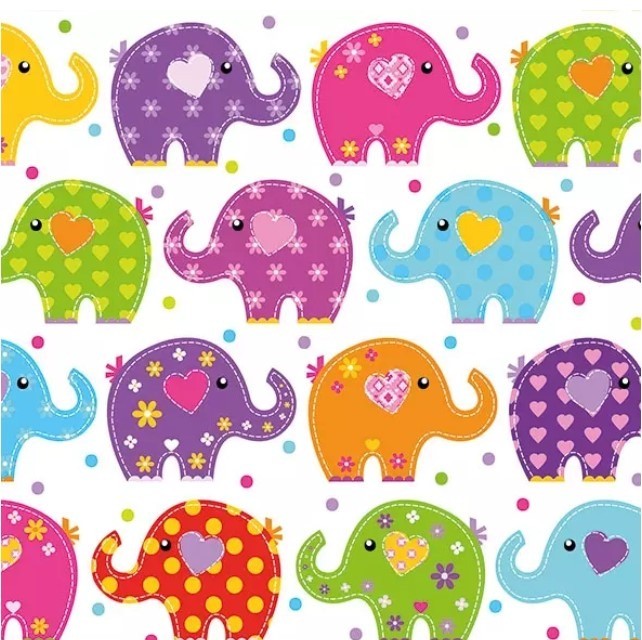 Servet met afbeelding van gekleurde olifanten, Ambiente, olifant, elephant, olifanten, Afrika, Afrikadier, slurf, vrolijke olifant, gekleurde olifant, KIY, decoupage, scrapbook, tafelen, tafel dekken, diner, servet, napkin, Big Five