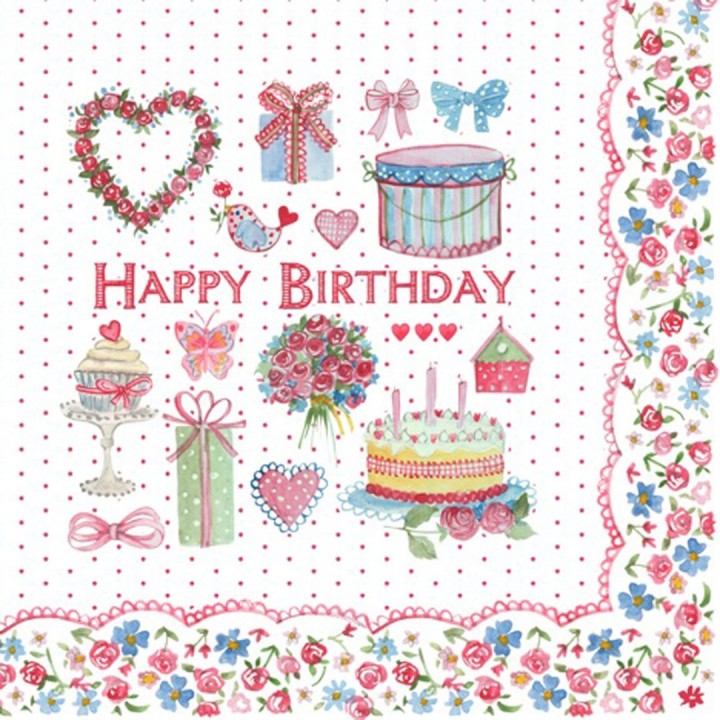 Servet Happy Birthday met een afbeelding van o.a. taart, vlinder, vogel, hartjes, strikjes en bloemen. Echt leuk op een verjaardag. Kleur foto kan afwijken van origineel. Merk: Clayre & Eef Afmeting: 33x33 cm Aantal servetten per pak: 20