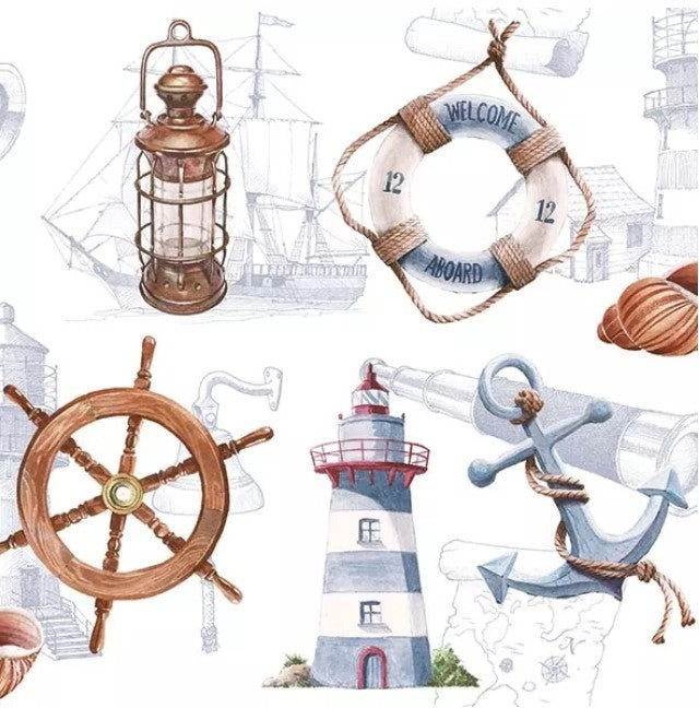 Servet Welcome Aboard, Ambiente, haven, harbor, vissen, vis, phishing, nautische afbeeldingen, Zeemeeuw, vuurtoren, schelpen, zeilboot en reddingsboei, ti-flair, maritiem, meeuw, boei, zeilen, schelp, tafelen, coastal, kust, water, zee, boot, boten, schip, schepen, varen, zomer, strand, vuurtoren, net, visnet, lantaarn, stuurwiel, stuur, kompas, compass