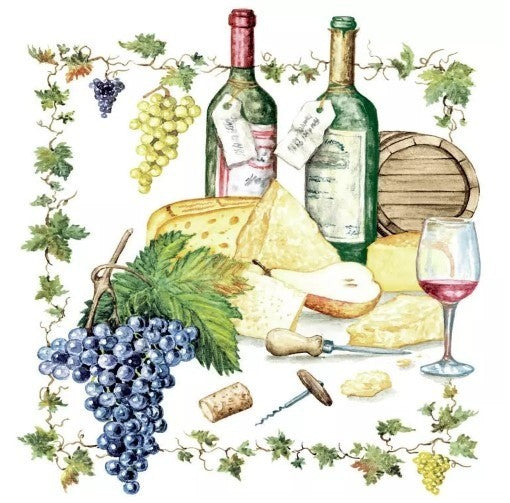 Servet, servetten, decoupage, napkin, napkins, flessen wijn, glas wijn, wine, bottle, druif, cheese, druiven, kaas, Ambiente, alcohol, wijntje