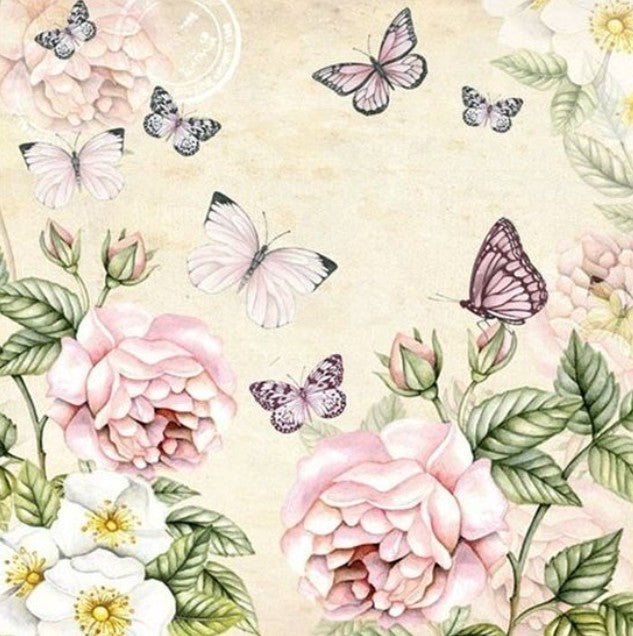 Servet Botanical Cream, Servet, servetten, dineren, lunch, bloemen, vlinders, bloem, flower, flowers, butterfly, napkin, napkins, servetten, DIY, modpodge, tafelen, tafel dekken, natuur, decoupage, natuur