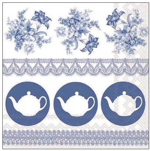 Servet Teapots, Ambiente, blauw wit, servetten, napkins, tafeldekken, tafel dekken, DIY, modpodge, tafeldecoratie, diner, lunch, eten, dinner, scrapbook, scrapbooking, Delft, thee, tea, teapot, theepot, High Tea, High Tea, theedrinken, feest, verjaardag, jarig