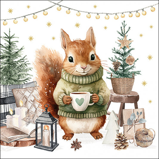 kerst, winter, sjaal, kerstbal, sneeuw, snow, funny, cute, decoupage, tafelen, tafeldekken, Ambiente, servet, napkin, servetten, napkins, koud, feestdagen, kerst, Christmas, Holidays, napkins, servetplakken, eekhoorn, squirrel, trui, warmetrui, lantaarn, denneappels, kaars, candle, chocolademelk, chocolatemilk, melk