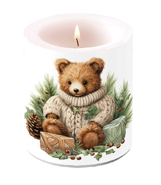 Kaars, candle, Ambiente, kaarsaansteken, lont, stompkaars, branden, winter,  beer, bear, kaarsje, kerst. Feestdagen, Kerstmis, Christmas, teddybeer, hulst