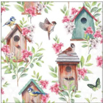 Ambiente, Servet, napkin, cadeau, vogel, vogels, birds, bird, servetten, napkins, tafeldekken, tafel dekken, DIY, modpodge, tafeldecoratie, diner, lunch, eten, dinner, scrapbook, scrapbooking, vogeltje, bladeren, takken, vogelhokje, vogelkooi, vogelhok, houten huisje, koolmeesje, roodborstje, vink, mees, tjilpen, nest