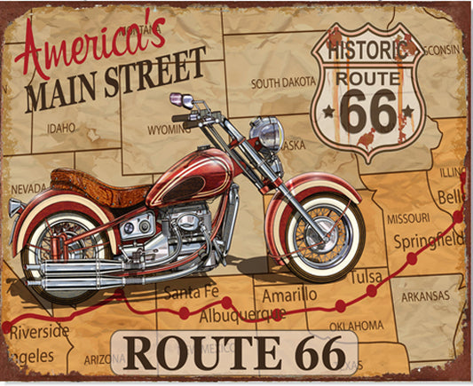 Tekstbord America's main street. Historic Route 66. Rode motorfiets op landkaart Afmeting: ca. 25x20 cm Mooi voor in je mancave, garage, werkplaats e.d. Rou66. Bike. 