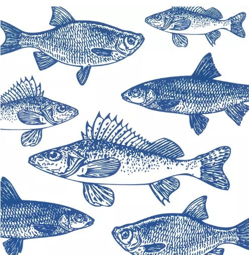 Servet Graphic Fishes Marine, ppd, servet, napkin, vissen, vis, snoekbaars, hengel, hengelsport, waterkant, zomer, vakantie, snoek, baars, goudvis, blauw wit, BBQ, decoupage, DIY, makreel, marine, zee, riviervis, rivier