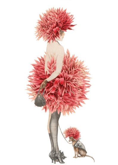 Ansichtkaart, postcard, Lilys, bloem, flower, bloemen, flowers, dame, lady, chrysant, chrysanten, jurk, dress, hond, dog, hondje, doggie