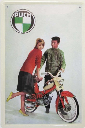 Garage, muurdecoratie, nostalgisch, nostalgie, reclame, reclamebord, blikken bord, metalen bord, Puch, motorfiets, motor, bike, oldtimer, brommer, bromfiets