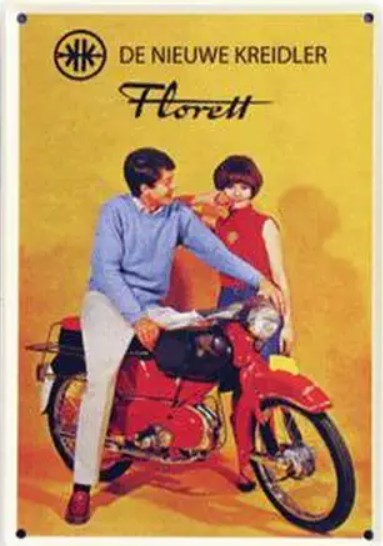 Garage, muurdecoratie, nostalgisch, nostalgie, reclame, reclamebord, blikken bord, metalen bord, Kreidler florett, Kreidler, florett, motorfiets, motor, bike, oldtimer, brommer, bromfiets