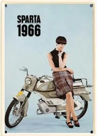 Garage, muurdecoratie, nostalgisch, nostalgie, reclame, reclamebord, blikken bord, metalen bord, Sparta, vrijgezellenfeest, motorfiets, motor, bike, oldtimer, brommer, bromfiets
