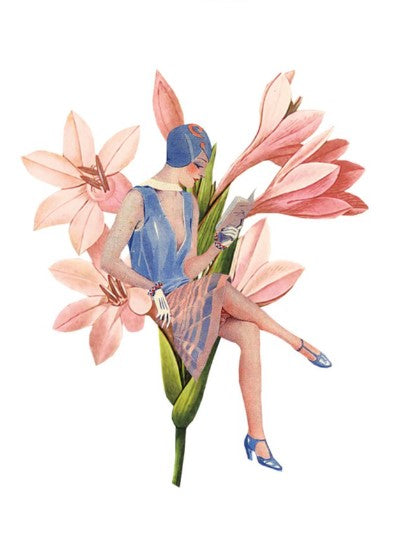 Ansichtkaart, postcard, Lilys, bloem, flower, bloemen, flowers, dame, lady, roos, rozen, rose, roses, lezen, boek, book, boeken, leesboek