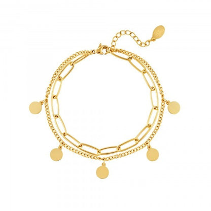 Schakelarmband met circelvormige hangers  Kleur: Goud Materiaal: Stainless Steel / Nickel Free Afmeting: ca. 16cm + 3cm Merk: Yehwang  Kleur foto kan iets afwijken van origineel