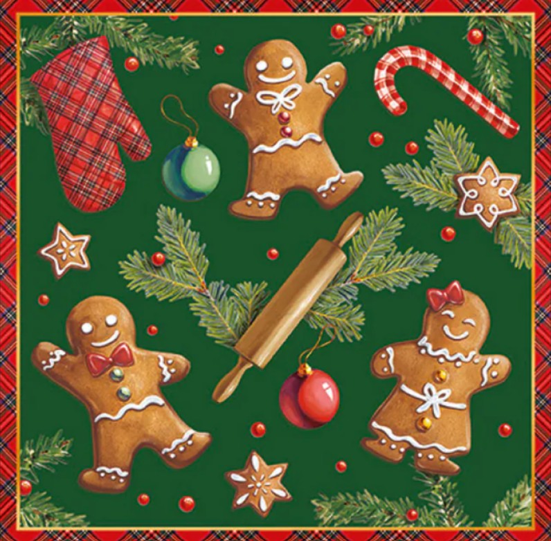 Cocktail servet, gingerbread, ginger, koekjes, koekjesbakken, bakken, poppetje, kerstpoppetje, cookie, kerstversiering, kerstdecoratie, kerstboom, kerstornament, ornament, decoupage