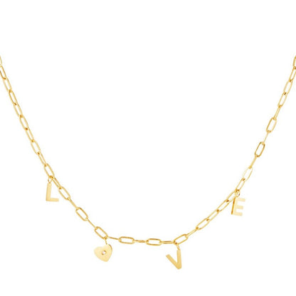 Roestvrijstalen ketting met het woord "Love" en een hartje met een zirkoonsteentje  Kleur: goudkleur     Afmeting: ca. 39cm + 5cm  Materiaal: stainless steel  Merk: Yehwang     Kleur foto kan iets afwijken van origineel