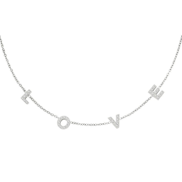 Roestvrijstalen ketting met de letters love (met steentjes)  Kleur: zilverkleur     Afmeting: ca. 38cm + 5cm  Materiaal: stainless steel   Merk: Yehwang     Kleur foto kan iets afwijken van origineel