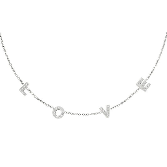 Roestvrijstalen ketting met de letters love (met steentjes)  Kleur: zilverkleur     Afmeting: ca. 38cm + 5cm  Materiaal: stainless steel   Merk: Yehwang     Kleur foto kan iets afwijken van origineel