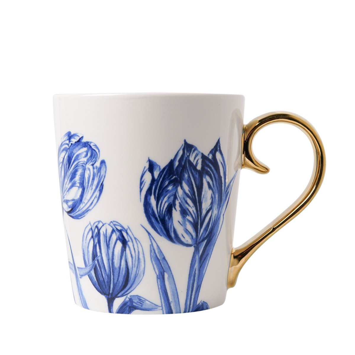 Beker, mok, tulp, tulpen, tulip, bloem, boeket, Holland, goudkleurig oor, Delfts blauw, Heinen Delfts Blauw, Heinen, Van Heinen, Delft, blauwwit, drinken, koffie, thee, servies, Delftsblauw