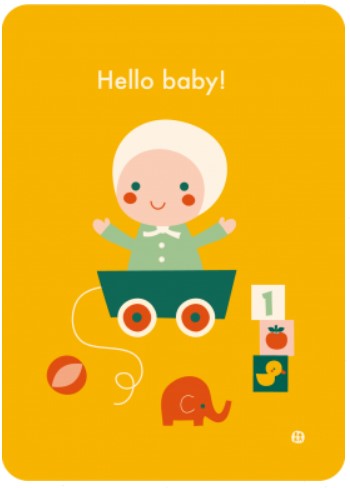 Hello baby yellow. Geboren, geboortefeest, kindje, wieg, , kinderfeest, verjaardag, jarig, speelgoed