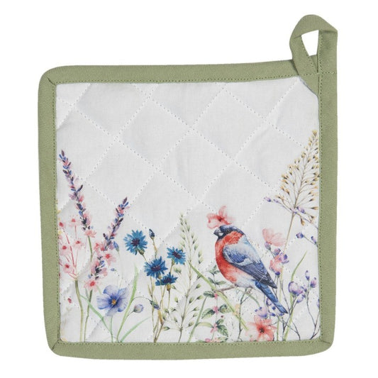 Set van 2 mooie pannenlappen met afbeelding van een mooie vogel in kleuren rood en blauw en gekleurde bloemen.  Pannenlap heeft een groene rand. Kleur van origineel kan iets afwijken van de foto.     Merk Clayre & Eef  Afmeting: ca. 20x20 cm