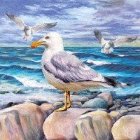 Servet Seagulls On Rocks.  Servet met een afbeelding van zeemeeuwen.   Kleur van origineel kan iets afwijken van foto.  Merk: Ambiente   Afmeting: 33x33 cm  Aantal servetten per pak: 20